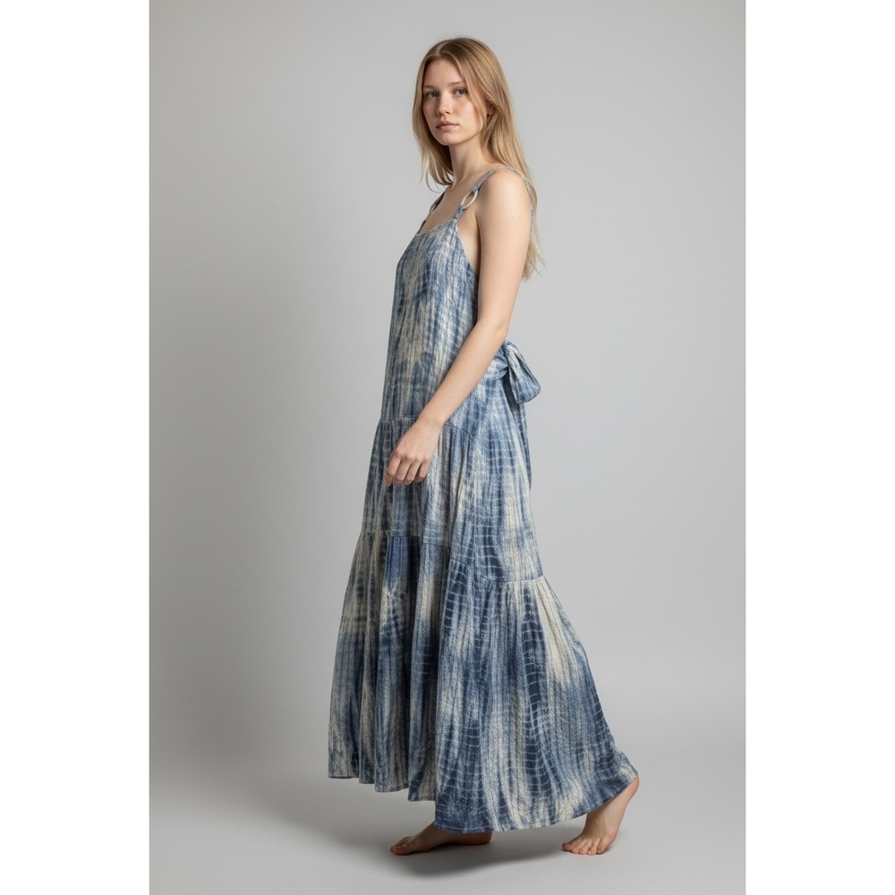 Angie Tie Dye maxi Dress Sz L Blue Boho Tiered beachy tropical tiered festival